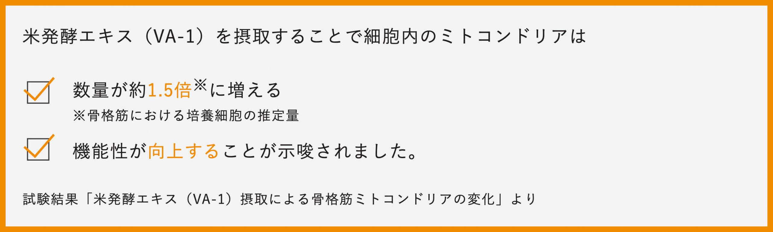 米発酵エキス(VA-1)を摂取することで細胞内のミトコンドリアは数量が約1.5倍に増える、機能性が向上することが示唆されました。
